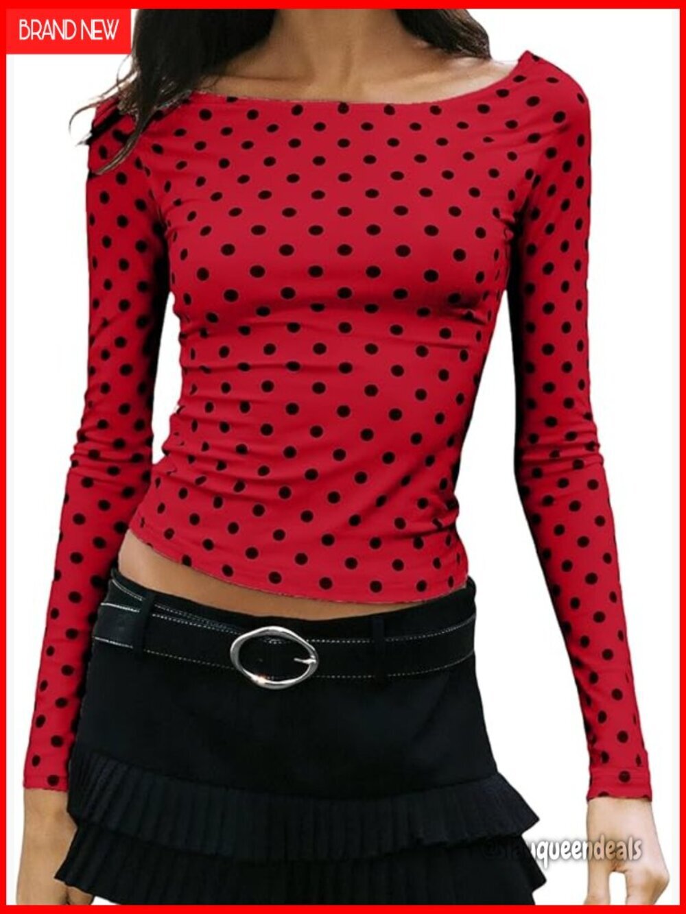 Long Sleeve Crop Top Slim Fit Polka Dot Print Y2K Vintage Crew Neck Blouse